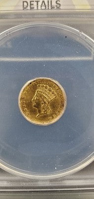 1857 Type 3 Princess Head Gold G$1 Dollar Coin ANACS AU Details Damaged Bent