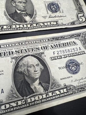 2 Note Lot 1957 1953 $1 & $5 Silver Certificates VG / F conditions #253