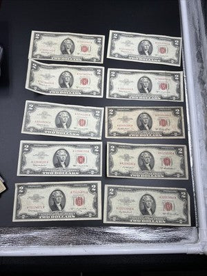 Lot of 10 1953 1963 $2 USN Red Seal Legal Tender Bills VG Very Good Circ #871