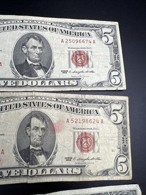 Lot of 3 Very Circulated 1963 $5 USN United States Notes One Damaged #596
