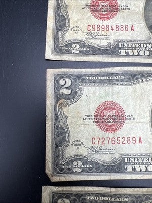 Lot of 5 1928 $2 USN United States Note Red Seal Bills G / VG Circ #39