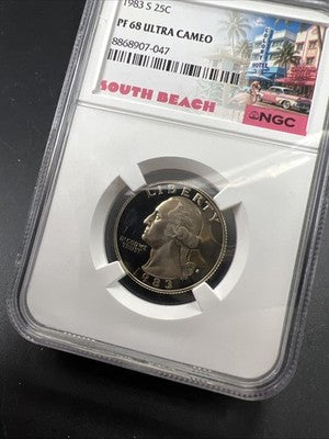 1983 S 25c Washington Clad Proof Quarter Coin PF68 UCAM #47 NGC South Beach Slab