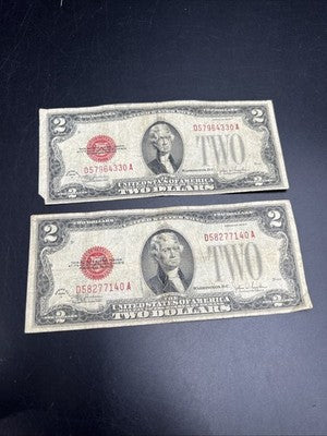 Lot of 2 1928 F $2 USN United States Note Red Seal Bills VG Circ #140