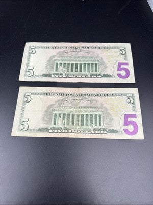 Lot of 2 2013 $5 FRN Federal Reserve Notes Neat Serial # VG Circ #M
