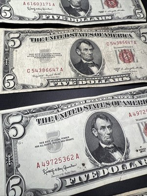 Lot of 9 1963 1953 $5 Five Dollar USN United States Notes Well Circulated #79