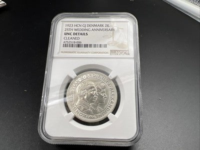1923 Denmark 2 Kroner Silver Coin NGC UNC Details Cleaned