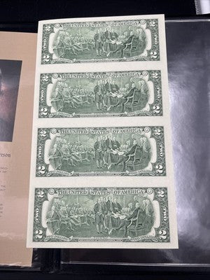 4 Note Souvenir Sheet 2009 US $2 Two Dollar FRN Federal Reserve Notes in Booklet