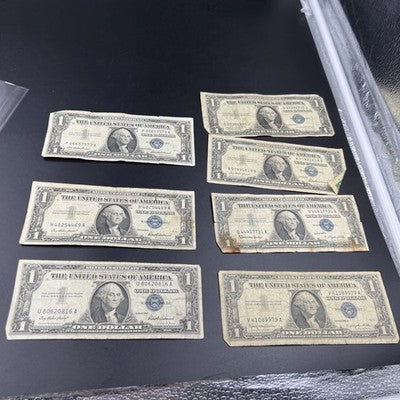 Lot of 7 1935 1957 $1 One Dollar Blue Seal Silver Certificates Very Circulated 7