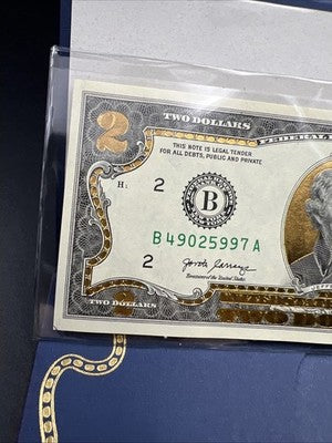 Golden Enhanced 2017 A 2 Two Dollar Federal Reserve Note Uncirculated