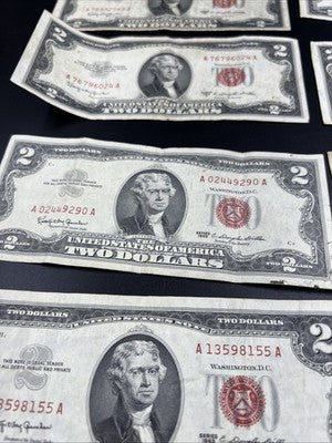 Lot of 10 1953 1963 $2 USN Red Seal Legal Tender Bills VG Very Good Circ #871