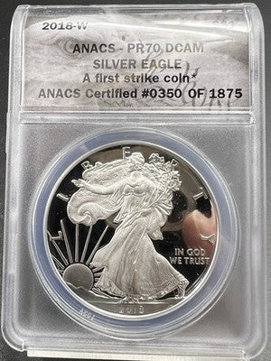 2018 W 1 Oz Proof American Silver Eagle PR70 DCAM ANACS #875