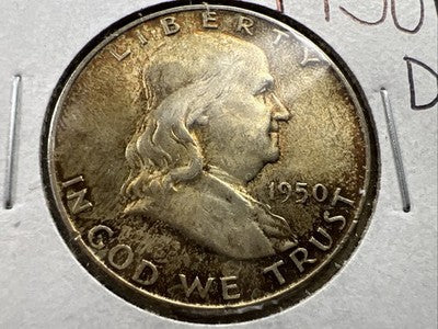 1950 D Franklin Half Dollar Silver Coin Choice AU About UNC Nice Amber Toning