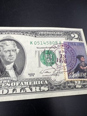 1976 $2 FRN Postal Bicentennial Two Bill Houston TX Denver Harbor Station CH AU