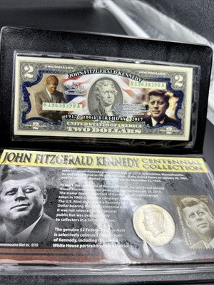 JFK Collection 2017 $2 Colorized Two Dolalr Bill FRN & Kennedy Half Dollar