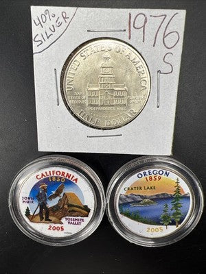 Kennedy 50c Collectors Set 1976 S 40% Silver 50c & 2 Copper Nickel Colorized 50c