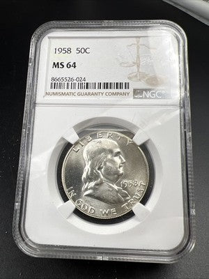 1958 P 50c Franklin Silver Half Dollar Coin CH BU MS64 NGC Certified #024