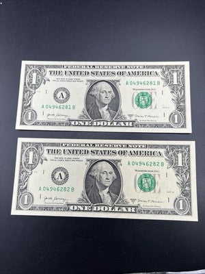 2 Consecutive 2017 $1 FRN Federal Reserve Notes Choice UNC #282