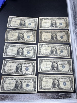 Lot of 10 VERY CIRC 1957 1935 $1 Dollar Silver Certificate Blue Seal Notes #96