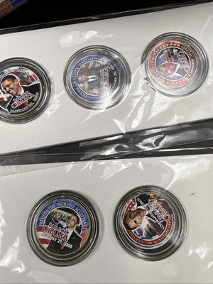 Lot of 13 Barack Obama Colorized US UNC Coins in displays w/ 9 Liberia Stamps