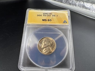 1942 5c Jefferson 5c Nickel Coin DDO Double Die Obverse FS-102 ANACS MS65 Gem BU
