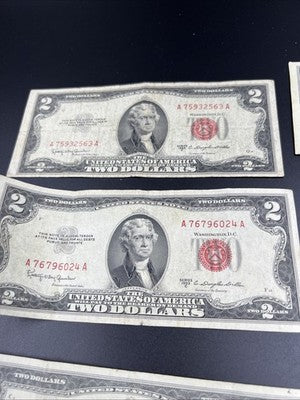 Lot of 10 1953 1963 $2 USN Red Seal Legal Tender Bills VG Very Good Circ #871