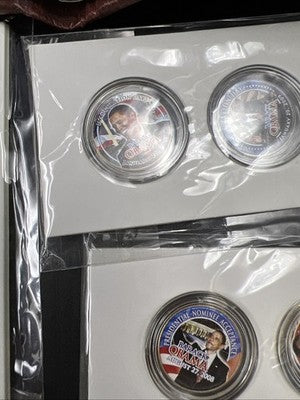 Lot of 13 Barack Obama Colorized US UNC Coins in displays w/ 9 Liberia Stamps