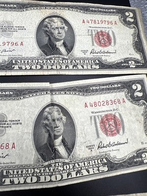 Lot of 6 1953 $2 USN Red Seal Legal Tender Bills Very Circulated #467