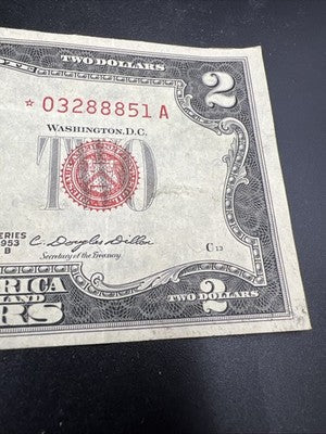 1953 * Star B $2 USN Red Seal United States Note CH VF Details Corner Tear #888