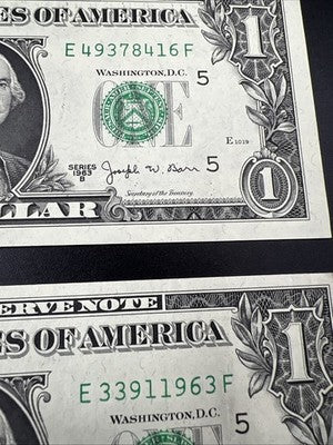 Lot of 2 1963 B $1 Barr FRN Federal Reserve Notes One Dollar Bills CH AU #939