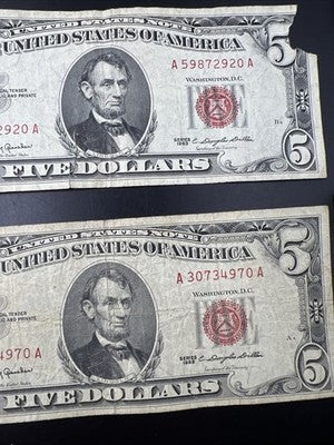 $5 Bill collector's Lot 9 US Bills - Very Circ 7 1963 USN 1 1995 FRN 1 1934 $5