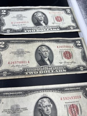 Lot of 10 1953 1963 $2 USN Red Seal Legal Tender Bills VG Very Good + Circ #859
