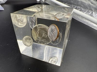 Coin Cube 1964 5 Coin UNC Set w/ Silver 50c 10c 25c In Clear Plastic Paperweight