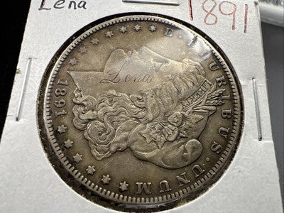 1891 P $1 Morgan Silver Dollar Coin VF Details "Lena" Carved