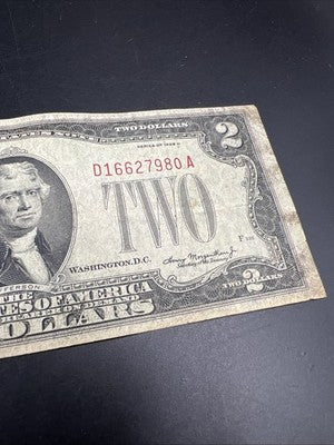 1928 D $2 USN United States Note Red Seal Bill Choice VG Very Good Circ #980
