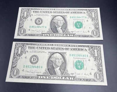 Lot Of 2 1988 A $1 FRN Same Block Federal Reserve Notes CH UNC #480
