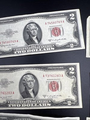 Lot of 8 1963 1953 $2 USN Red Seal Notes VG Fine Circ Red Seal Bills #685