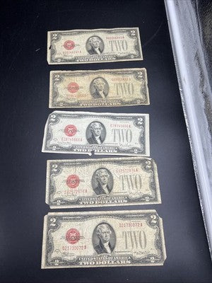Lot of 5 1928 $2 USN United States Note Red Seal Bills Cull very Circ #72