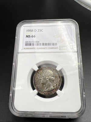 1958 D 25c Washington Silver Quarter Coin MS66 Toned Toner #006 NGC