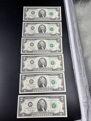 6 Consecutive 2003 $2 FRN Federal Reserve Notes Neat Serial Numbers #88