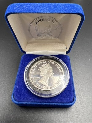 1993 Apollo 11 Anniversary Turks & Caicos 20 Crowns Coin 1 OZ .999 Silver in box