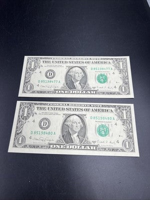 Lot Of 2 1988 A $1 FRN Same Block Federal Reserve Notes CH UNC #480