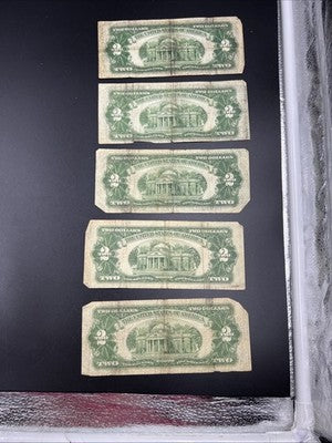 Lot of 5 1928 $2 Two Dollar USN United States Notes Red Seal Very Circulated #25