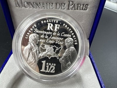 2003 France Silver Proof 1.5 Euro Louisiana Purch Jefferson Napoleon & Armstrong