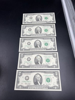 5 Consecutive 2003 $2 FRN Federal Reserve Notes Neat Serial Numbers #336