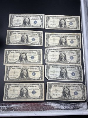Lot of 10 VERY CIRC 1957 1935 $1 Dollar Silver Certificate Blue Seal Notes #390