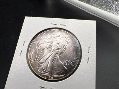 1986 1 Oz ASE American Silver Eagle Coin Gem BU UNC PQ Blue Toning Toner REV