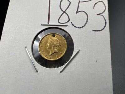 1853 Liberty Head Type I Gold Dollar $1 AU Details Holed