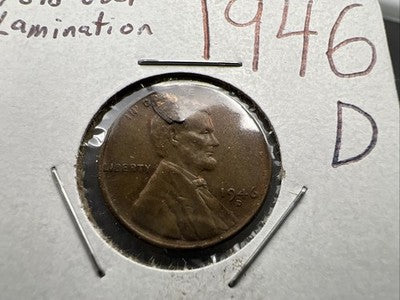 1946 D 1c Lincoln Wheat Cent Coin Fold Over Lamination VF / XF Circ