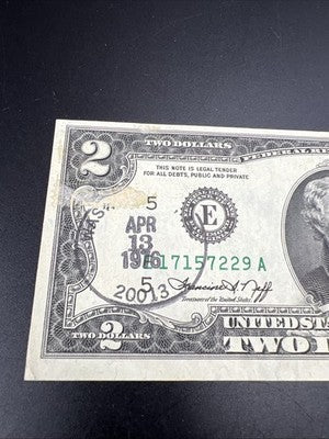1976 $2 FRN Two Dollar Bicentennial Note Washington DC 20013 FDOI Stamped