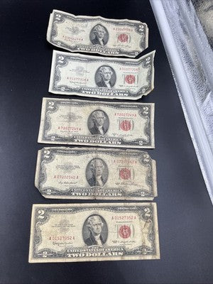 Lot of 5 1963 1953 $2 Two Dollar Red Seal USN Notes Very Circulated Damage #52